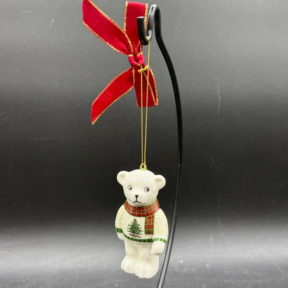 Spode Christmas Tree Polar Bear Ornament Ceramic White Red Green Plaid Scarf‎